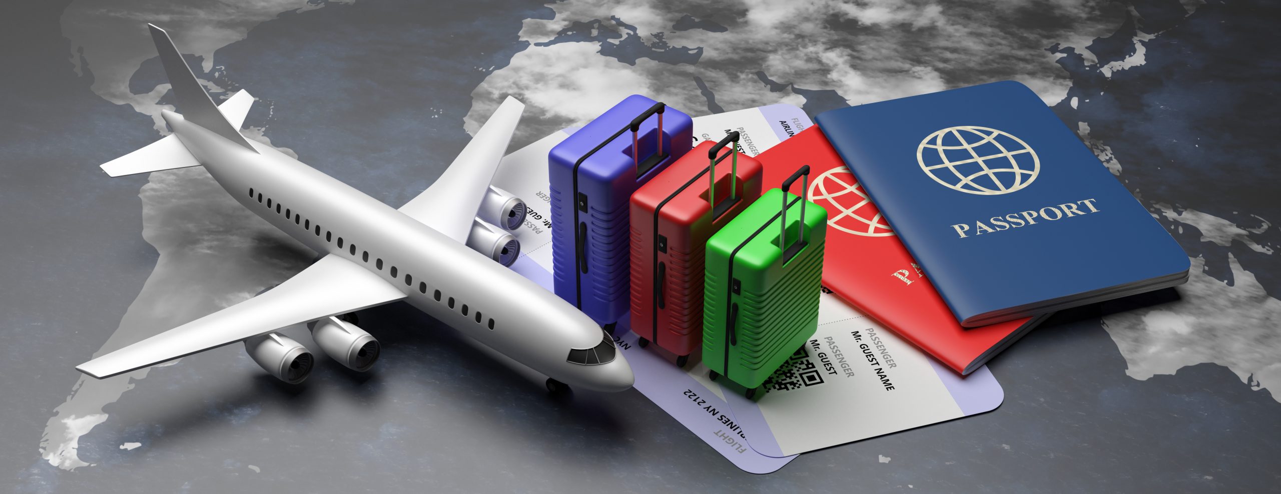 Plane tickets and passports for business trip travel, tourism on world map background