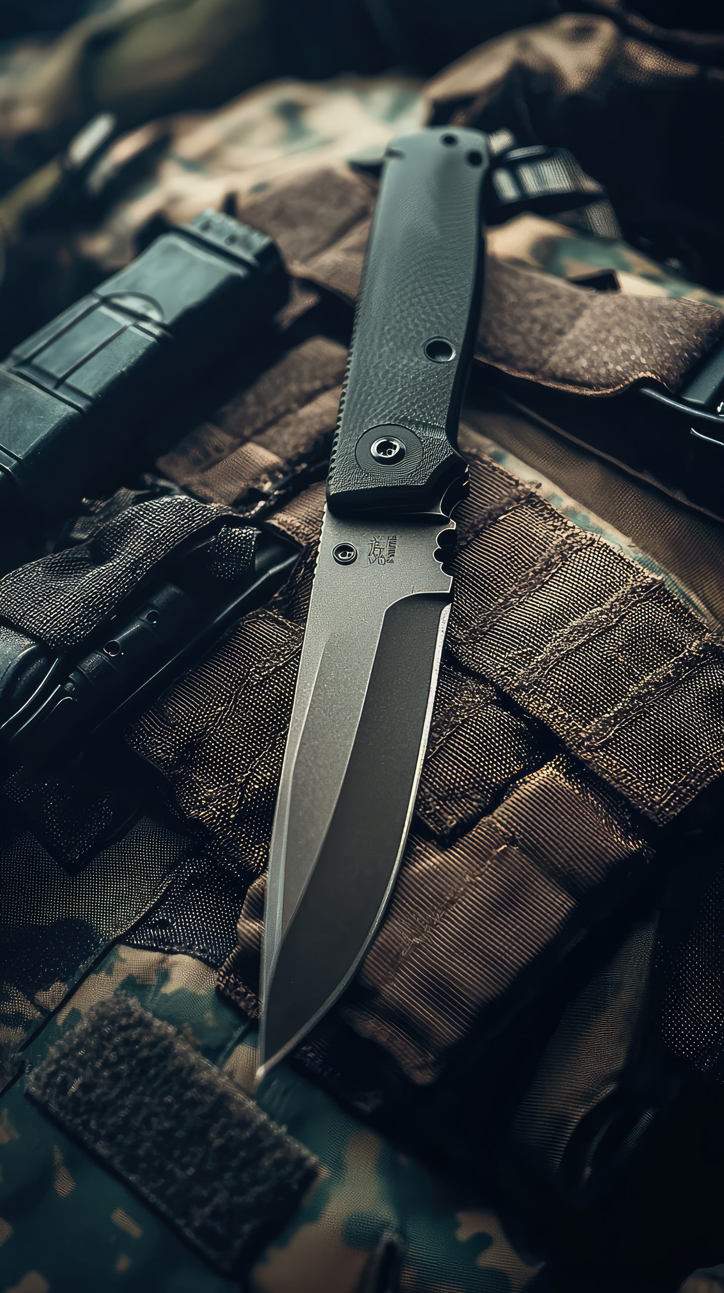 An impressive folding knife rests on a tactical vest, showcasing its sleek blade and durable design in a military setting